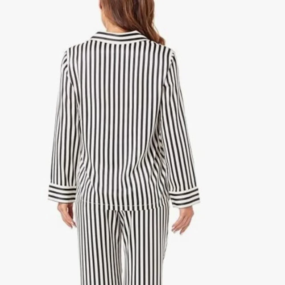Serenedelicacy Women's Satin Pajama Set Long Sleeve Button Down Striped Silky - Picture 3 of 11